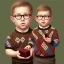 Placeholder: peter billingsley chubby kid with glasses, holding a ((Dark red))soap bar, ((brown))argyle sweater