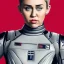 Placeholder: Miley Cyrus, star wars uniform, gray uniform, movie poster, heroic gaze, hair bun, wide angle lens, full torso, intricate, detailed, hand-painted, realistic, perspective from below