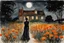 Placeholder: Night, one woman, orange flowers, gothic horror movies influence, distant house, epic, winslow homer watercolor paintings