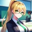 Placeholder: Clear focus, 8k, beautiful lighting, vibrant colors, girl, golden hair, long hair, vibrant green eyes, ponytail, office clothes, green glasses,