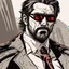 Placeholder: a young man with big muscles who looks like hans gruber wearing a heavy coat and red sunglasses staring with an angry look on his face