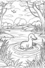 Placeholder: Draw a whimsical scene of a platypus exploring a riverbank, clean line art, white background, no shadows, well outlined, for kids coloring book, cartoon style.