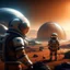 Placeholder: A view of the future Mars developed by mankind, spacecraft, future astronauts, cyberpunk style, space background, cold atmosphere, meeting aliens