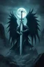 Placeholder: surreal dreamlike scene, stunning warrior fallen angel with sword, mystic gloomy, dark shadows and vertical pale light, stones, rocks, dark vibe, come strom , dark colors, , moon with black darkness, fog, detailed, spalh art, black and white art