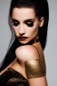 Placeholder: Portrait emo bride with piercings in skin-tight black dress, full body shot, full-color long shot, gold lips pale face, gold eyeshadow