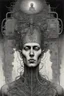 Placeholder: man with a Indian fathers on head with computer chips and a smoke in the background dark a thin line draw ، front view camera, decayed and rotting with grotesque proportions and imagery. surreal horror, biomechanical design, by hr giger and beksinski , fine lines draw