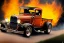 Placeholder: a customized 1930 ford model a pickup, roof chopped, lowered, wide dragster wheels, no spare tire, vertical truck exhaust pipes behind the cabin, with flames coming out of them, twin-tone colouring, centered, intricate, extreme detailed, photorealism, center view, stylized random background, pivot on ford, pen and color marker painting by cheryl kelley