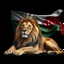 Placeholder: Create A hyper-realistic highly detailed image of a majestic lion lying down, wearing a royal crown. The lion's fur should be rich and textured, with a regal and powerful presence. Behind the lion, the flag of the Republic of Bulgaria waves gracefully, its white, green, and red colors vivid and well-defined. The background should be an elegant, deep black, creating a striking contrast that enhances the grandeur of the lion and the flag. The lighting should be dramatic, with