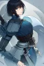 Placeholder: Motoko Kusanagi from "Ghost In The Shell (1995)", clad in medieval stell plate armour, melancholic, alone, big blue eyes, perfect, beautiful, black hair