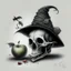 Placeholder: Realistic drawing of a Skull with a Witch hat, Skull has ghost eyes and is eating from a poison apple. Rat walks behind the skull.