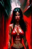 Placeholder: woman in a red bikini standing in a dark alley, by Aleksi Briclot, digital art, girl with black hair, bloody river in hell, as a fortnite character, woman very tired, ready to fight, no yellow color in eyes, torrential rain of blood, stylised comic art, uncharted, bbc promotional artwork