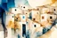 Placeholder: abstract geometric watercolour of a Greek village on rough textured bumpy plaster wall