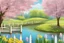 Placeholder: amazing sunny spring day, trees, flowers, fence, little pond