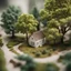 Placeholder: a tree, miniature, a house on the tree, shot from above, realistic, between leaves, cinematic, heavy light, cute, 3d, white walls, sunny, dev on leaves