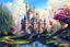 Placeholder: A fantasy landscape of a castle, applying art reminiscent of Walt Disney. The landscape tells different aspects of an enchanting children's story: a calm and magical wonderland, a fairy forest, butterflies, waterfalls with a clear blue sky in a magical fairy mountai