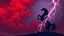 Placeholder: silhouetted horse rearing up(on right, facing left, outlined by lightning), red cloudy sky, lightning bolts(from top left, to bottom right), fantastic illustration