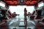 Placeholder: beautiful full body with long boots and midi dress lady in surreal sifi 30 th centurey space ship open air deck made of fractal random size modern mechanical metalic basic objects with helical colors,geers, in clothing similar to environment full body posing to camera