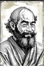 Placeholder: Portret de calugar tanar , incadrat bine cu margini albe, in pagina , deseneaza cu penita cu tus negru cu linii bine definite , si coloreaza cu acuarela , un sketch minimal art , hasurat cu linii fine , cu mare acuratete si contrast , stil gravura pe metal ,