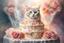 Placeholder: Beautiful composition, double exposure, merged layers, lifelike ethereal roses, birthday cake, cats - different kinds, gemstones, gold glitter, waterfall, heart, flame in sunshine