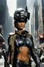 Placeholder: [2000 AD (1977)] The streets of Mega City One were alive with the constant hum of activity, but in the midst of the chaos, a figure stood tall and resolute. Halle Berry, part of the judges' team, commanded attention as she surveyed the sprawling metropolis. The helmet, a symbol of authority and unwavering justice, rested firmly on Berry's head, obscuring her features but amplifying the aura of power that surrounded her. The citizens of Mega City One couldn't help but be drawn to her presence, in