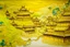 Placeholder: A yellow ancient village with a royal palace with a dragon protecting designed in Chinese paper art painted by Claude Monet