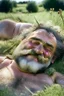 Placeholder: Close up photography, 35mm lens lens, a happy smiling muscular Sardinian shepherd burly chubby man 58 years old, lying down in the meadow near a little tree, ugly and dirty, bullneck, manly chest, in tank top and overalls, wild white beard, ambient occlusion, strong sunshine, emotive eyes, misery and poverty, side view