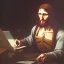 Placeholder: leonardo da vinci works in his study on a laptop at his desk. painting in photoshop. hyperdetailed, warm colors, movie poster, photoillustration, oil on canvas, lens flare