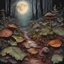 Placeholder: Pen and ink, oil paint, dreamy A close up of a very wet forest floor in the moon light (with leaves, tiny wildflowers, ferns, a spider, a salamander, worms and tiny mushroom). Colors kale, gold, rust, burgundy, black.