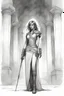 Placeholder: A stern girl warrior, in an ancient dungeon, broken columns, smoky lamps, semi-darkness, horror and fear, black pencil, sketch, Charlie Bowater