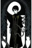 Placeholder: 7 year old boy, necromancer, friendly, looks dead,with a lamprey serpent , wearing black robes, in the style of Harry Clarke