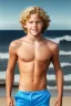 Placeholder: full body image of a beautiful 12 year old boy with long, blonde curly hair and light blue eyes, smiling, shirtless, in front of an distant beach, 8k