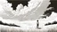 Placeholder: manga, makoto shinkai, monochrome, black background, sketch, simple, maximum quality, centered in frame, far view, in the middle of a grassy hill, white sky with cumulonimbus