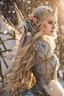 Placeholder: Elven princess,elven crown,long white blonde golden hair,rapunzel hair,ice flowers,beautiful,light blue,dark blue,golden armor,sparkle,glitter,ice flowers,snow,elven ears,dark fairy princess