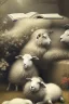 Placeholder: one black sheep reads a book on other site white sheep herd sleep going down