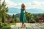 Placeholder: very beautiful lady with beautiful midi green- silver,jeweled lace skirt and pretty same material top with curvy hair high heels standing in a nice villa yard with trees flowers ,in country side in floor of beautiful mountains ,sea with ships ,water falls,16 by 9