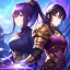 Placeholder: girl, masterpiece, best quality, cinematic lighting, detailed outfit, perfect eyes, black hair, golden eyes, long hair, ponytail, girl in a fantasy world with purple hair, purple eyes, armor-plated clothes, with a mystical background, glowing effects, with intricate patterns,