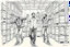 Placeholder: workers dancing in a industry factory with lot of wooden crates , a drawing with sketch lead pencil, no beards and light hair, the music video from AHA style (take on me)