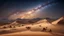 Placeholder: Desert, a hill, evening with many stars, long shot 3 camels with camel drivers and starry skies at night; beautiful miracle in the world