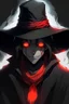 Placeholder: A adult anime ghost with a a grey straw hat glowing red eyes and no head in a black torn up robe