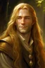 Placeholder: A young serene Lord Of The Rings like man with long golden hair that cascades gracefully. His open eyes, with blind pupils, reflect a depth of wisdom and inner peace. A gentle smile graces his face, adding warmth to his tranquil demeanor.