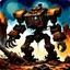 Placeholder: 90's fantasy tcg art of a giant junk mech made of multiple parts in the ruins of a post apocalyptic sludge junkyard firing a a machine gun