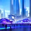 Placeholder: A group of people gather in a futuristic plaza, surrounded by towering skyscrapers and holographic advertisements. The plaza is filled with blue and purple light, and flying vehicles can be seen in the background. Digital art