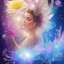 Placeholder: one big crystal subtle flower in a galactic ambiance with a beautiful fairy, transparent petals,