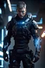 Placeholder: A male mercenary, multiple cybernetic augmentations all over his body,dressed in black tactical gear,short hair,blue eyes, cinematic lighting,ray tracing