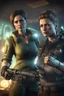 Placeholder: Nico Belic and woman in fallout 4 setting, bokeh, downlight, prize winning, depth of field, monster in background, stereoscopic cartoon storyline montage, glowing guns