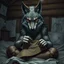 Placeholder: an anthropomorphic wolf woman hybrid with dark brown eyes full furry on her body sitting in the middle of a bed with a sewing needle and thread in her paw sewing a wide material belt, around her in the background are some paper with sketchy line kind drawings from monster on the walls of the wooden house, high realistic, detailed, cinematic, sci-fi, digital art, dark fantasy mood