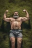 Placeholder: close up, aerial top view shot photography of an ugly 41 year old beefy big robust burly turkish carpenter , relaxing in the meadow, , hands behind the head , wearing bulging shorts, shirtless, hairy chest, manly chest, manly legs, serious, very virile, short beard, shaved hair,, , in a sunny day, photorealistic , photorealistic