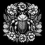 Placeholder: black and white beetle between seeds and big flowers. black background. for a coloring.