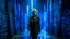 Placeholder: A middle-aged Caucasian woman with short, curly blonde hair, dressed in a tailored black suit, walking through a futuristic forest of metallic cubes with glowing blue niches and windows, under a heavy rain at night.