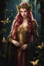 Placeholder: Burgundy hair, dark hair,dark red , rapunzel hair,very long hair,dark fairy princess,elven crown,night,dragonflies,beautiful,ong ashes,golden armor ,sparkle,night blooming,ivy,dark green,lilly of valley,golden elven crown,elven warrior,dark gold armor